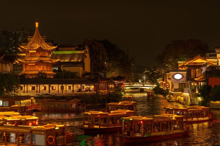 Things to Do in Nanjing: Boats on Qinhuai River by Pagoda in Nanjing, China