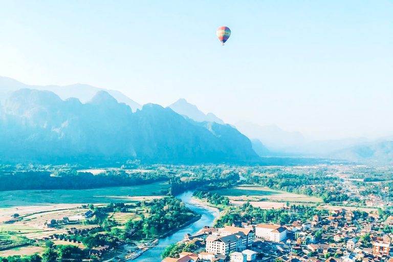 72 Hours in Laos: Drone Shot of a Hot Air Balloon Above Vang Vieng, Laos