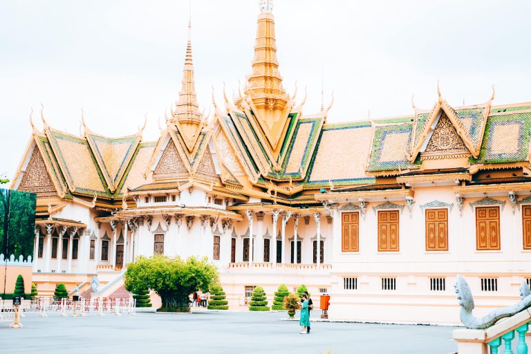The Royal Palace in Phnom Penh, Cambodia showcasing its golden rooftops, intricate Khmer architecture, and traditional Cambodian design.