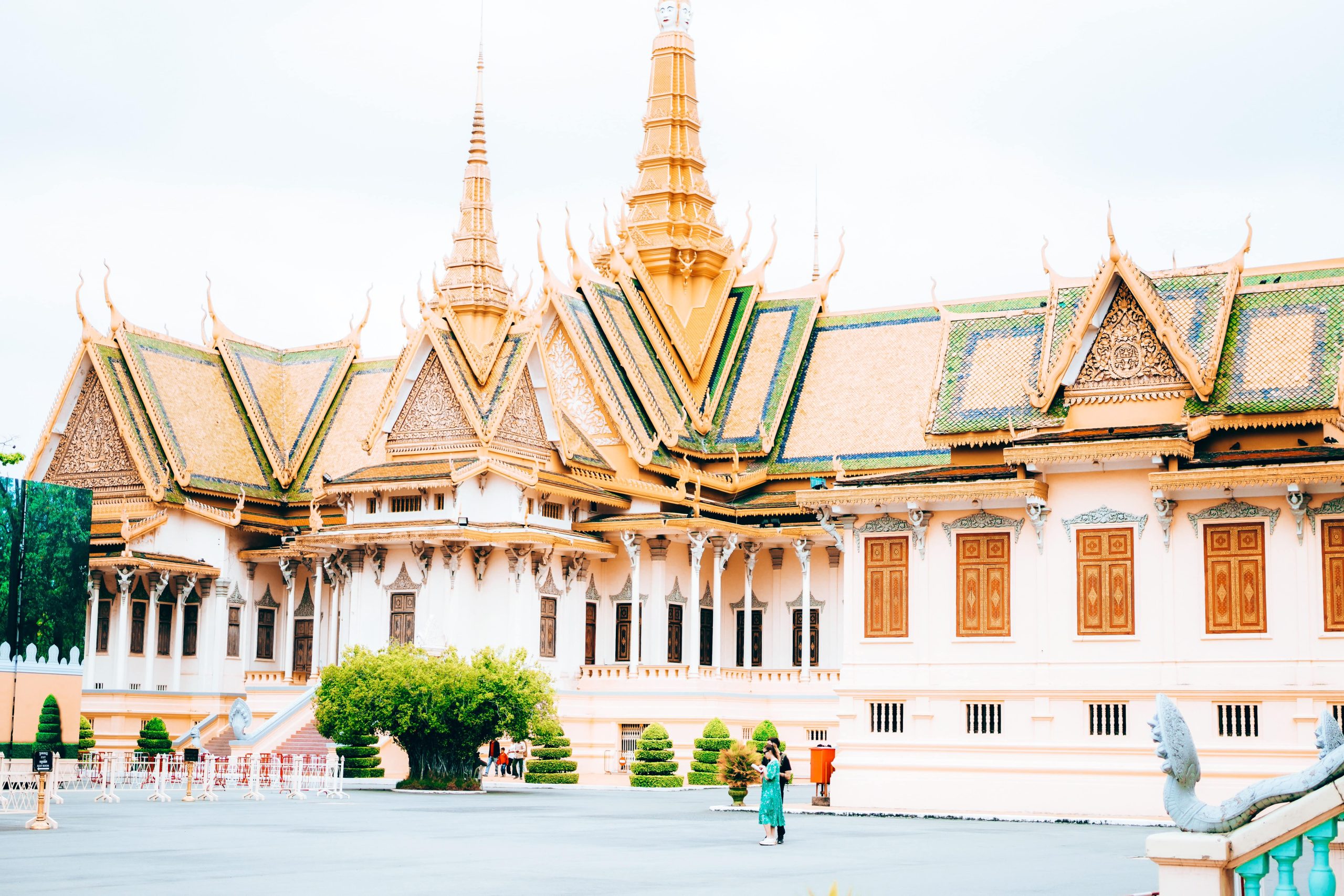The Royal Palace in Phnom Penh, Cambodia showcasing its golden rooftops, intricate Khmer architecture, and traditional Cambodian design.