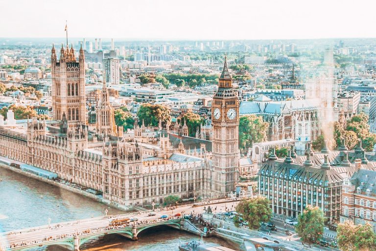 The best food spots in London: Aerial view of Big Ben and the Houses of Parliament in London, with the Thames River and Westminster Bridge below.