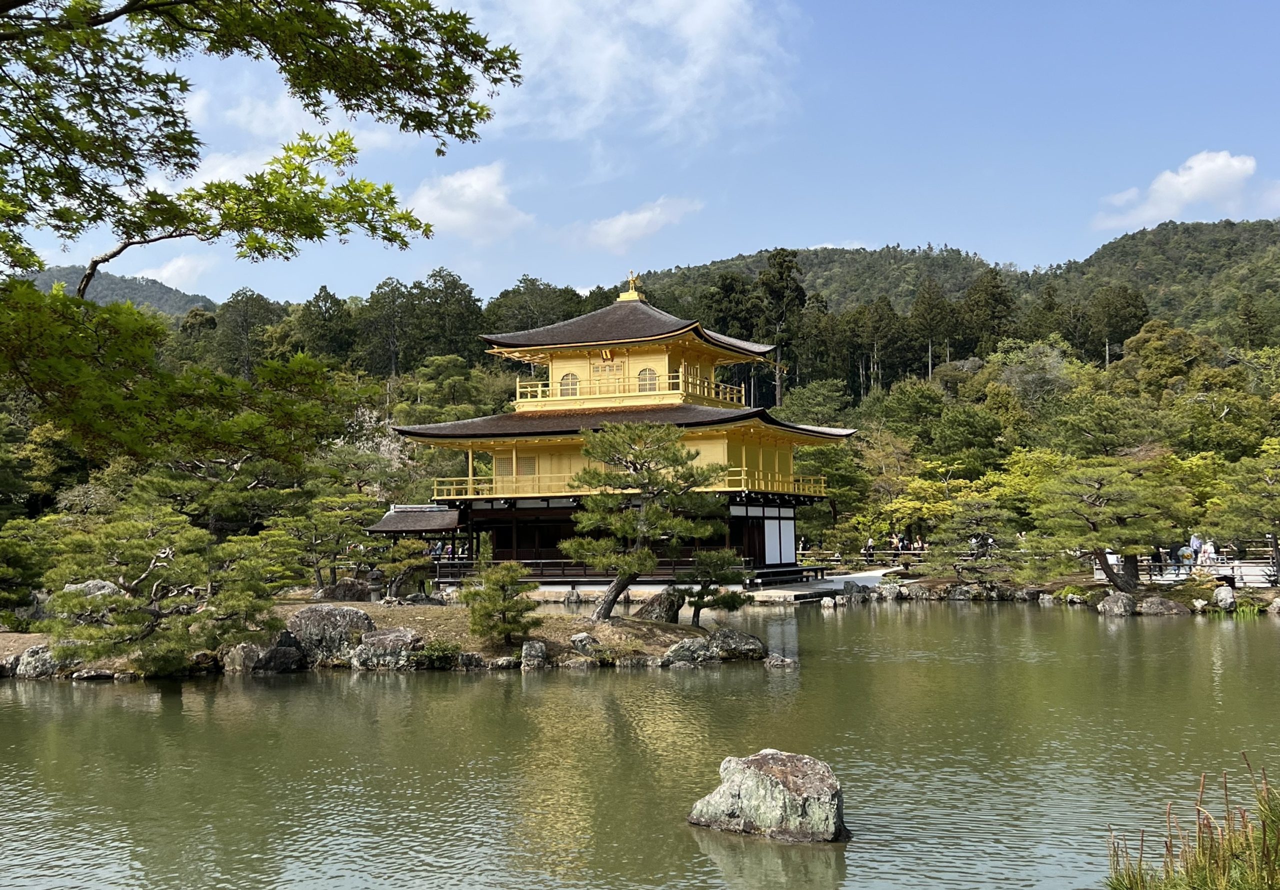 A traditional Shinto temple decorated in gold leaf sits atop a reflective pond, surrounded by rocks and trees.